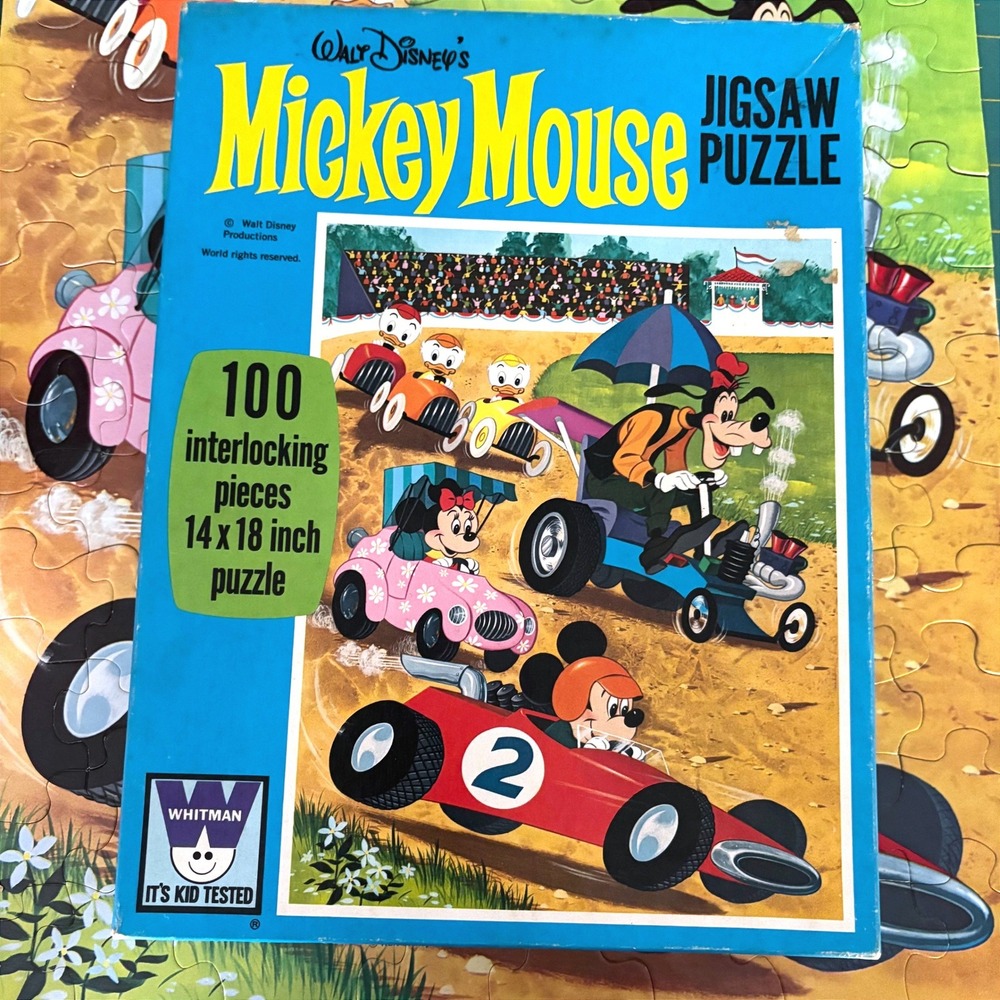 Vintage Mickey Mouse Jigsaw Puzzle Whitman 100 Piece Disney Racing Complete